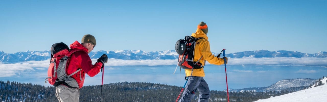 Cross Country Skiers with View of Lake Tahoe