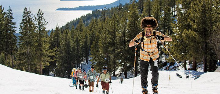 Skiers compete in Luggi Foeger Uphill/Downhill Festival at Diamond Peak Ski Resort in Lake Tahoe