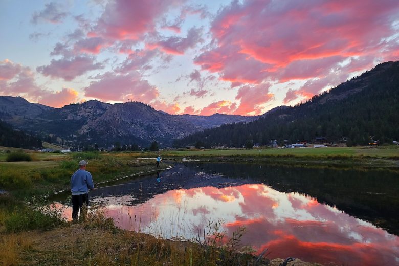 People fishing Lake Tahoe region at sunset